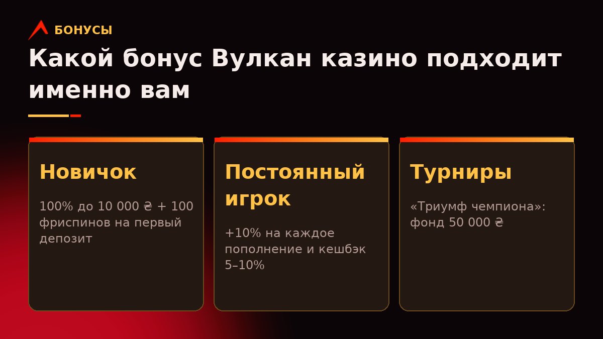 Три карточки сценариев Вулкан казино: новичок с приветственным бонусом, постоянный игрок с reload и кешбэком, турнирный игрок с фондом 50 000 ₴