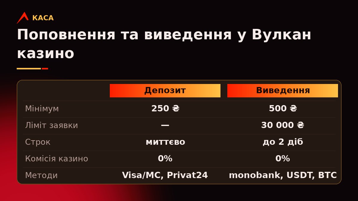 Таблиця каси Вулкан казино: Visa і Mastercard, Privat24, monobank, Google Pay, USDT і Bitcoin; мінімальний депозит 250 ₴, мінімальне виведення 500 ₴, до 30 000 ₴ за заявку, комісія 0%